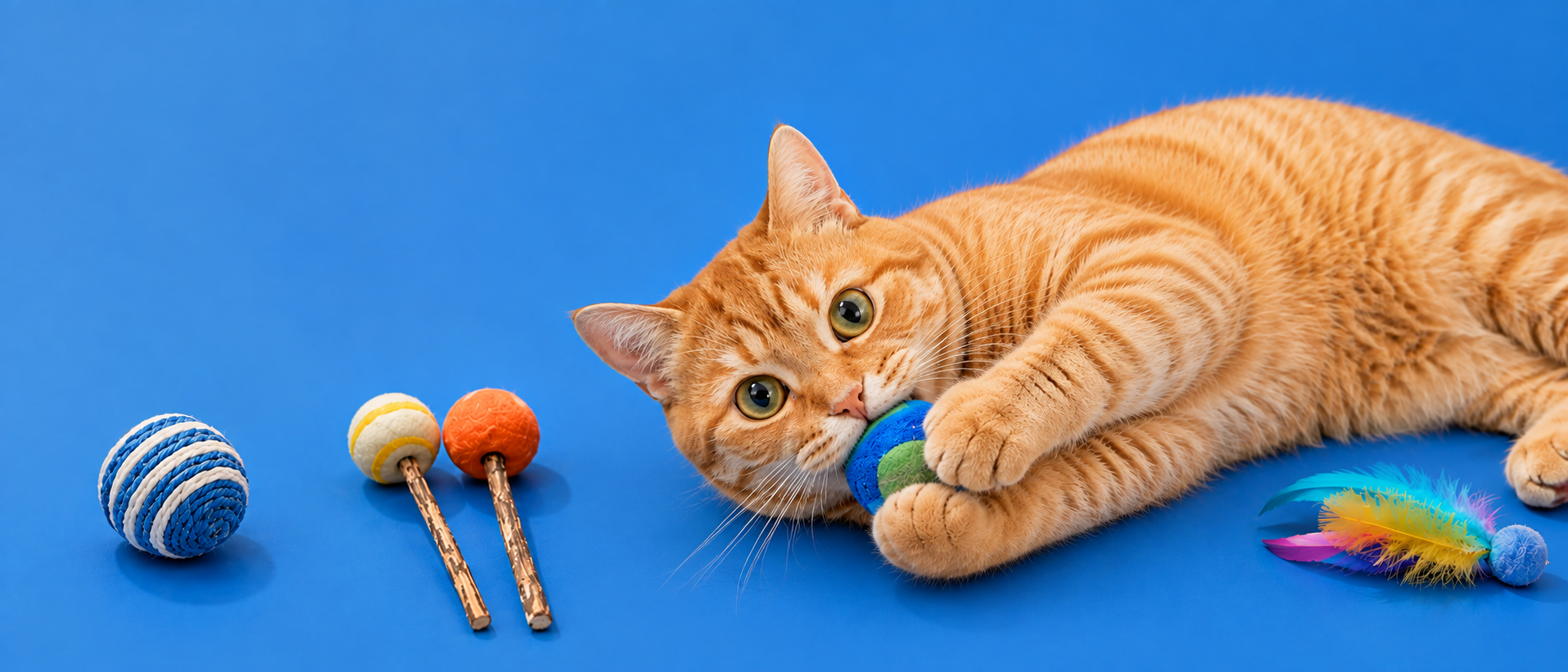 Orange cat playing with colorful pet toys